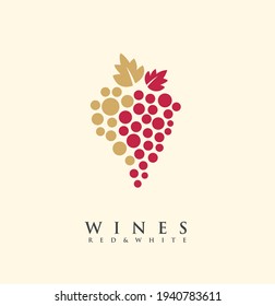 Red and white wines creative logo idea with grape symbol and golden leaves. Drink wines icon graphic. Logo design layout for vineyard or wine cellar. 