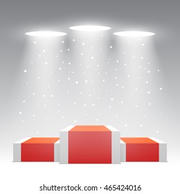 Red and white winners podium with confetti. Stage for awards ceremony. Pedestal. Spotlight. 3D. Vector illustration.