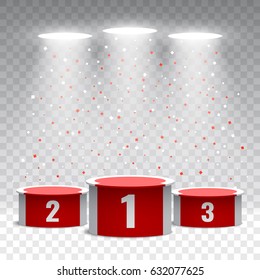 Red and white winners podium with confetti on transparent background. Stage for awards ceremony. Pedestal. Spotlight. Vector illustration.