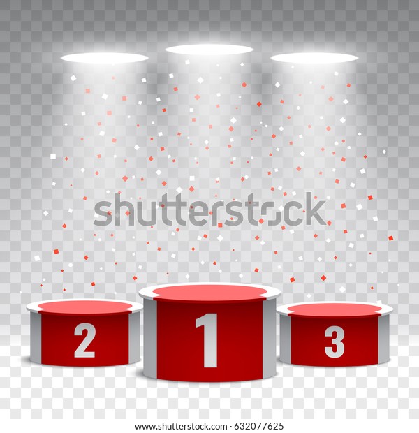 Red and white winners podium with confetti\
on transparent background. Stage for awards ceremony. Pedestal.\
Spotlight. Vector\
illustration.