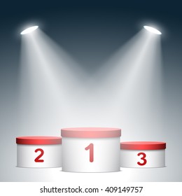 Red and white winners podium. Pedestal. Spotlight. Vector illustration.