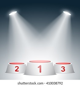 Red and white winners podium. Pedestal. Spotlight. Vector illustration.