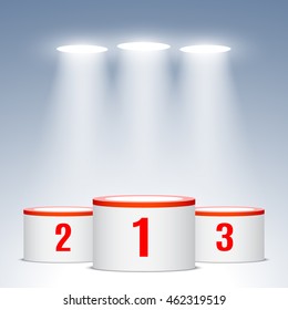 Red and white winners podium. Pedestal. Spotlight. Vector illustration.