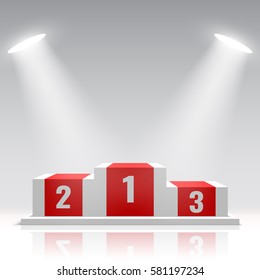 Red and white winners podium. Stage for awards ceremony. Pedestal. Spotlight. Vector illustration.