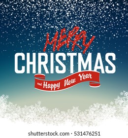 Red and White Wishing you a very Merry Christmas and Happy New Year lettering on a magical night backdrop with snowfall and light effects. Isolated downside to white (snowflakes, snowdrift)