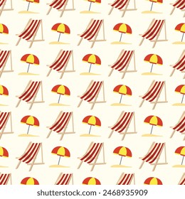 Red and white wooden chairs and beach umbrella vector seamless pattern