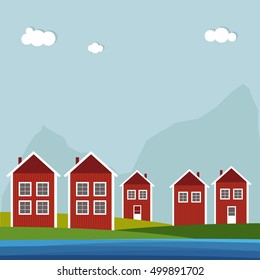 Red And White Wooden Scandinavian Houses. Summer Theme