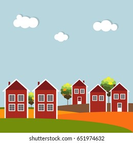 Red And White Wooden Scandinavian Houses. Autumn Theme