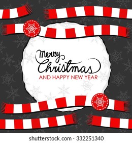 red white wool scarfs winter holidays seamless double horizontal border on dark background Christmas card with round torn paper and wishes in English
