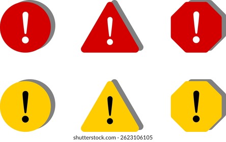 Red White Yellow Black Round Circle Octagonal and Triangular Warning or Attention Caution Sign with Exclamation Mark and 3D Style Shadow Effect Icon Set. Vector Image.