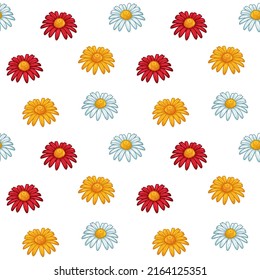 Red, white and yellow chamomile flowers. Seamless vector pattern.