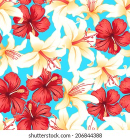 Red, white and yellow tropical hibiscus flowers seamless pattern .