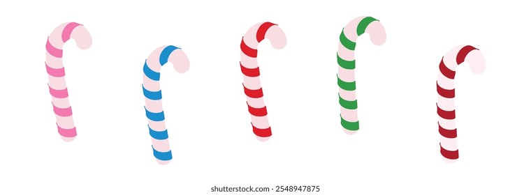 Red and white,blue, green candy cane with peppermint. Xmas candycane caramel stick. Flat vector illustration isolated on white background.