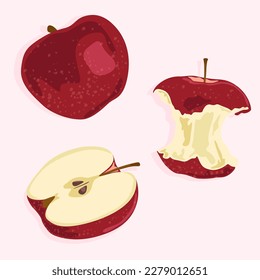 Red whole apple, cut in half and bitten apple. Healthy fruits and natural products. Diet food.