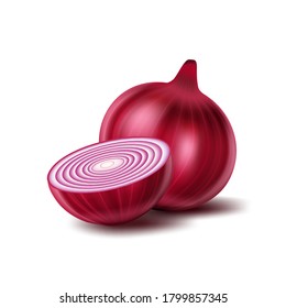 Red whole onion, and a cut piece on white background, onion flavor, fresh vegetables.