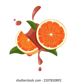 Naranja entera roja y rodaja con hojas verdes y jugosas salpicaduras. Ilustración vectorial de las naranjas aisladas en el fondo blanco.
