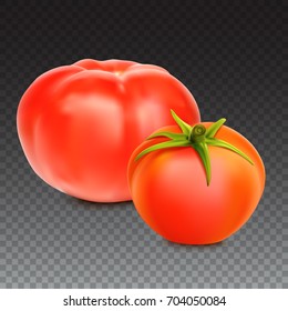 Red whole tomatoes isolated on transparent background, close-upwith a green tail. A fresh tomatoes cut out with the clipping path, 3D illustration.