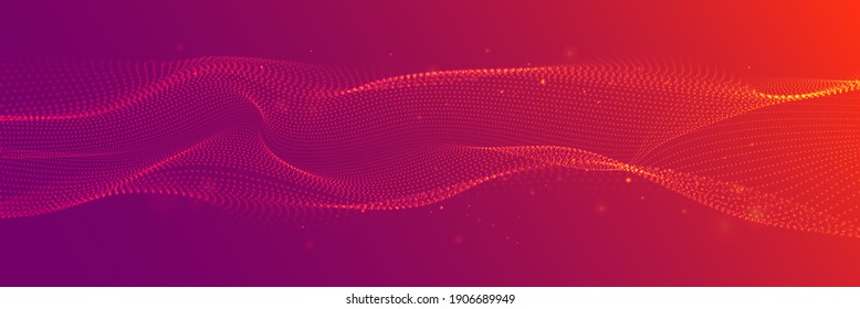 Fondo de partícula ondulada abstracta y ancha roja. Partículas flotantes con profundidad de campo. Tecnología, ciencia, juegos, cine, fondo vectorial de sitios web. 