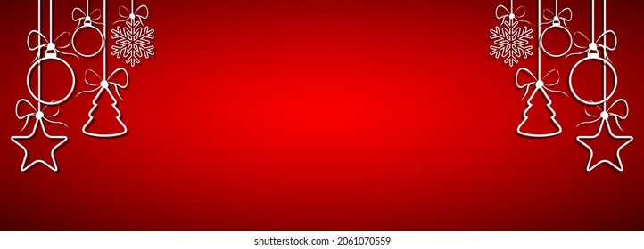 Red widescreen Christmas background with Christmas balls. Snowflake and star. Holiday greeting card with merry Christmas sign. Happy new year vector illustration