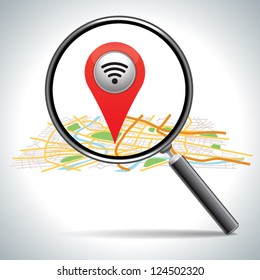  red Wifi connection and magnifying, map pointer on white.