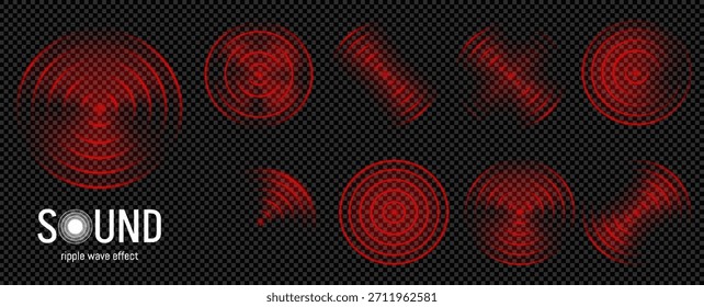 Roter WLAN-Sensoreffekt. Sonarwellenziel und Wellenzielmarke. Radaralarm am Funkimpulszeichensatz abfragen. Hud Tech Overlay für Spiel oder abstraktes Netzwerk mit konzentrischen Ring Fokus transparenter Hintergrund.
