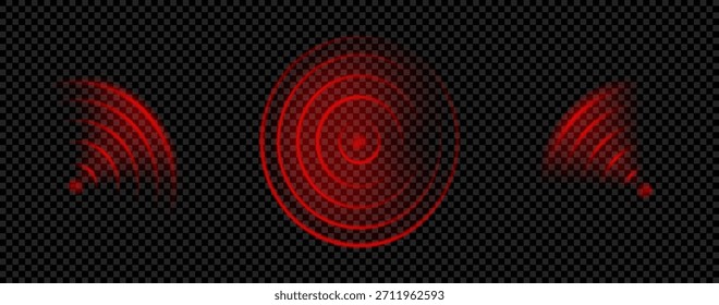 Efecto de círculo de señal wifi rojo. Objetivo de la onda de dolor a apuntar. Signo de onda de pulso de luz de neón para cazar y disparar. Ondulación de doppler radial concéntrica para el juego. Tecnología de hud de enfoque de sonar de brillo térmico.