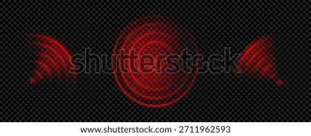 Red wifi signal circle effect. Pain wave target to aim. Neon light pulse waveform sign for hunting and shoot. Concentric radial doppler ripple for game. Thermal glow sonar focus hud technology.
