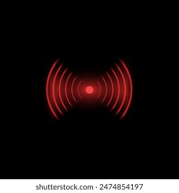 Red wi-fi technology digital radar neon light vector symbol. Glow wireless waves connection icon. Sound effect round lines. Network sonar antenna radial sign. Radio frequency signal