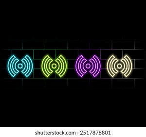 Red wi-fi technology digital radar neon light vector symbol. Glow wireless waves connection icon. Sound effect round lines. Network sonar antenna radial sign. Radio frequency signal.
