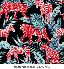 Red wild animal zebra, tiger, leopard, panther in the blue leaves jungle on the dark night background