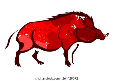 Red wild boar isolated on white background. Watercolor. Vector illustration.