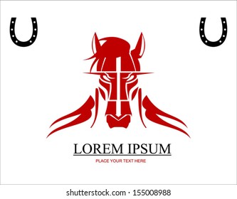 Red wild horse head. combine with text and horseshoe icon