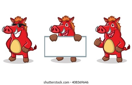 Red Wild Pig Mascot happy, pose and bring board