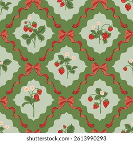 Red wild strawberry coquette ribbon bow trellis checkered seamless pattern Damask Rhombus Background