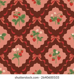 Red wild strawberry coquette ribbon bow trellis checkered seamless pattern Damask Rhombus Background