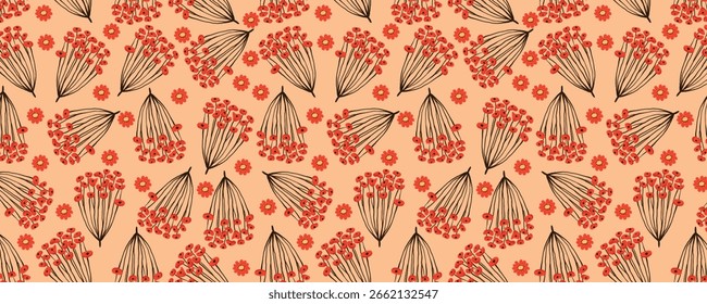 Patrón sin fisuras de flores silvestres rojas sobre fondo de melocotón. Doodle diseño floral dibujado a mano con delicados pétalos y subgrupos. Fondo repetible femenino perfecto para la moda, ropa, tarjetas, invitaciones
