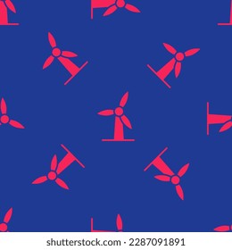 Red Wind turbine icon isolated seamless pattern on blue background. Wind generator sign. Windmill for electric power production.  Vector