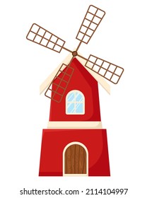 Red windmill in cartoon style on isolated on white background. Agricultural building, rural lifestyle concept for children's books or posters