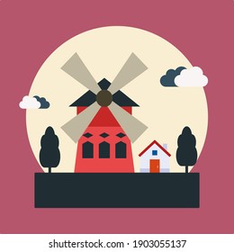red windmill with house trees and clouds village life flat concept design 