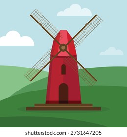 Red Windmill Landscape Vector Illustration with Green Hills and Blue Sky Background