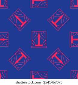 Red Window with curtains in the room icon isolated seamless pattern on blue background.  Vector