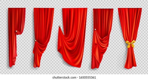 Red window curtains set, folded cloth for interior decoration isolated on transparent background. Soft lightweight clear material, fabric drapery of different forms. Realistic 3d vector illustration