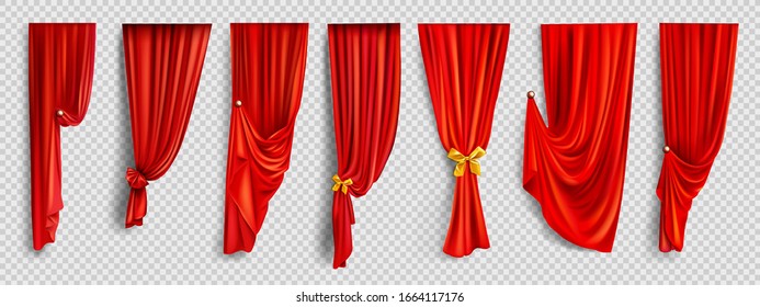 Red window curtains set, folded cloth for interior decoration realistic vector isolated on transparent background. Soft scarlet clear material, fabric drapery 