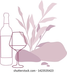 Red wine abstract vector illustration. Hand drawn silhouette of red wine glass and bottle, plant leaves and stones. Isolated on white background. 