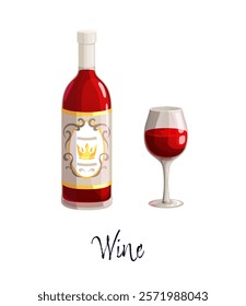 Red wine alcohol bottle and glass showcasing deep red tones and a regal crown label. Isolated vector alcohol drink flask and wineglass evoke elegance, and sophistication, representing premium wine