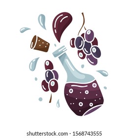 Red wine or balsamic vinegar. Cartoon set of bottle with isolated black grapes, cork and splash. Hand drawn vector concept. Color flat illustration for poster, banner