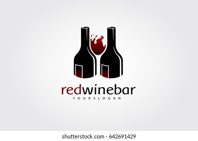 Red Wine Bar Vector logo Template. Logo of wine bottles utilizing negative space. Vector flat illustration. For web, logotype, info graphics for shop. 