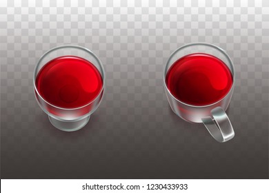 Red wine in beaker and fruit tea or cherry juice in glass cup realistic vector icon isolated on transparent background. Alcohol drink in glassware degustation mockup. Mulled wine 3d illustration