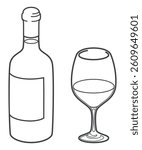 Red wine. Bordeaux bottle and glass. Vector illustration.