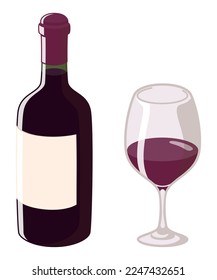 Red wine. Bordeaux bottle and glass. Vector illustration.